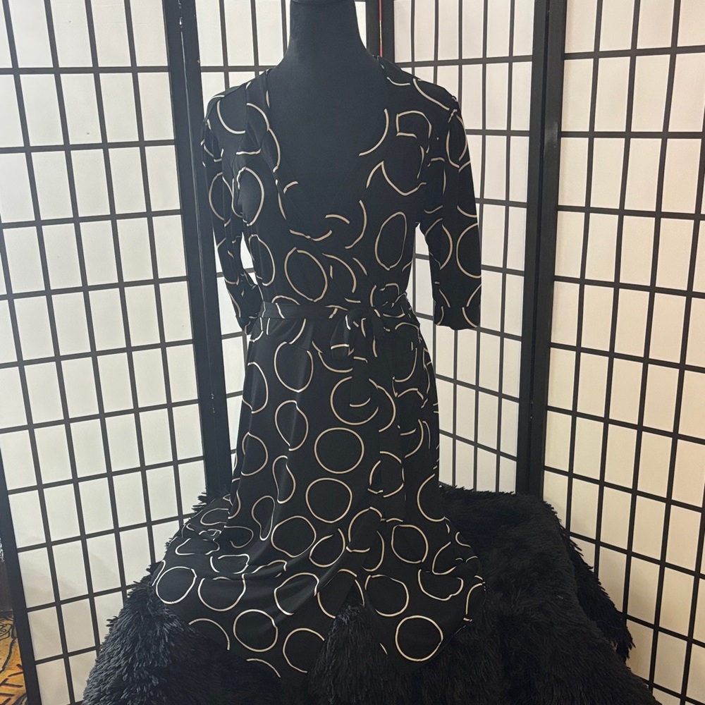 Merona Black Midi Wrap Dress with Cream Circle Print